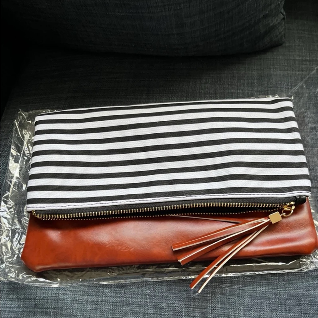 Striped Clutch With Brown Leather Accent Funky Monkey Brand